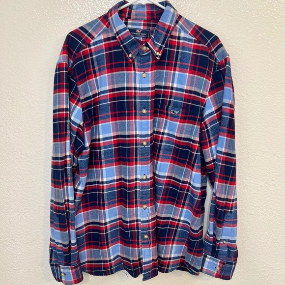 Vineyard Vines Mens Flannel Button Down Long Sleeve Shirt Plaid Red Blue 0490 - Picture 1 of 6